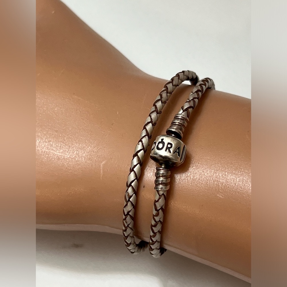 Pandora Brown & White Braided Leather Sterling Silver Clasp Double Wrap Bracelet